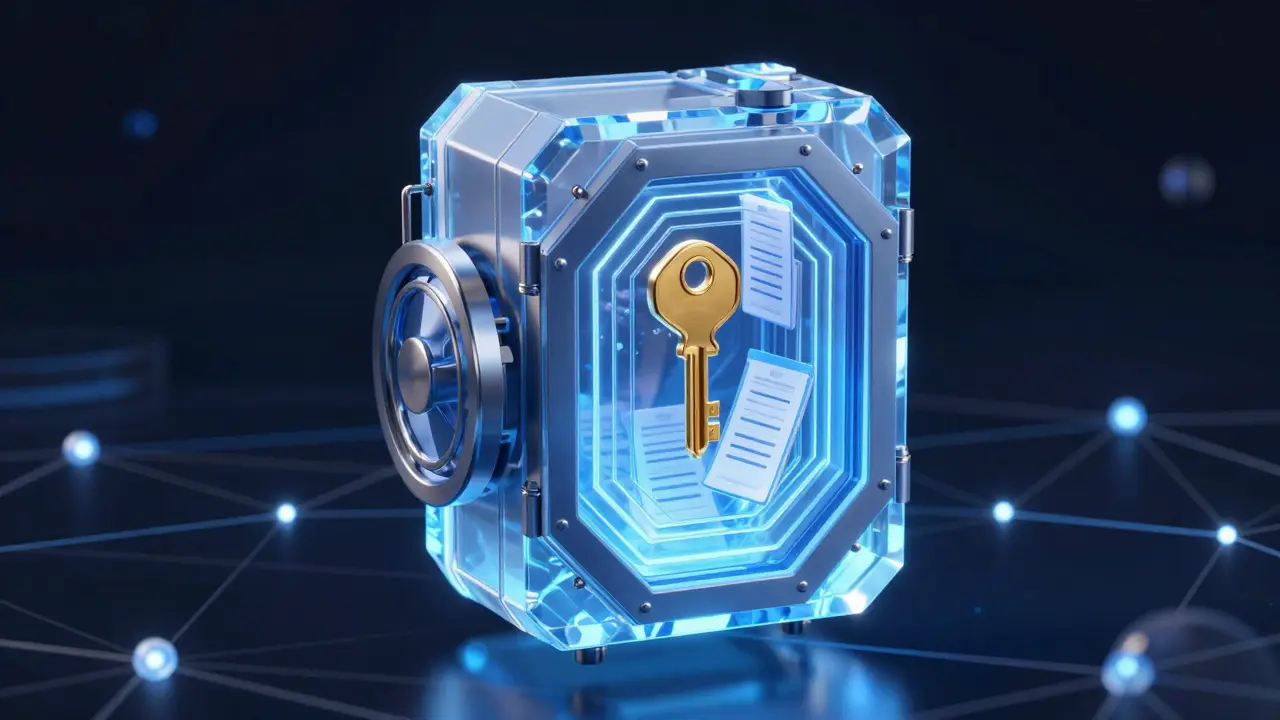 Cofre digital futurista protegendo dados com criptografia descentralizada
